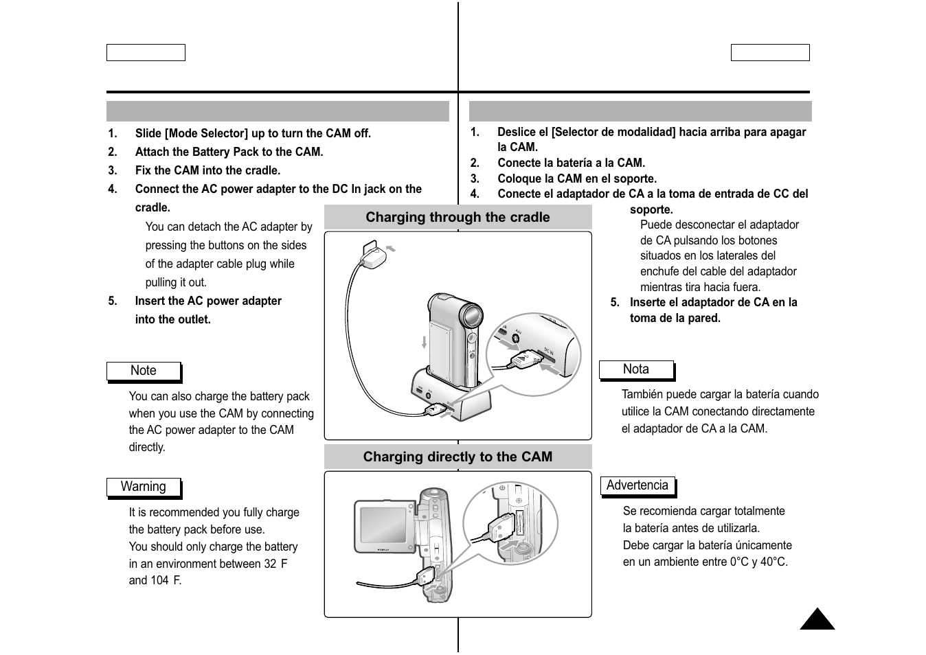 How to use the battery pack uso de la batería, Charging the battery pack, Carga de la batería | Samsung SC-M105S-XAA User Manual | Page 23 / 128