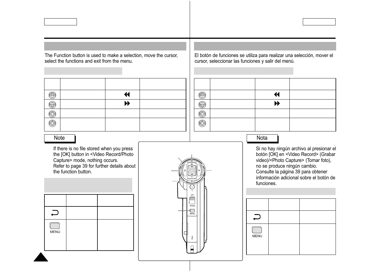 Getting started introducción, Using the function button, Utilización del botón de funciones | English español | Samsung SC-M105S-XAA User Manual | Page 26 / 128