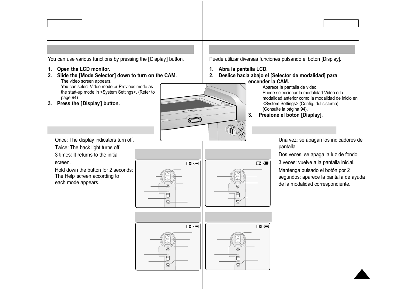 Getting started introducción, Using the display button, Utilización del botón display | Español english, Select mode help, Play help, Record / capture help, Time / date dialog help, If you press the [display] button, Si pulsa el botón [display | Samsung SC-M105S-XAA User Manual | Page 27 / 128