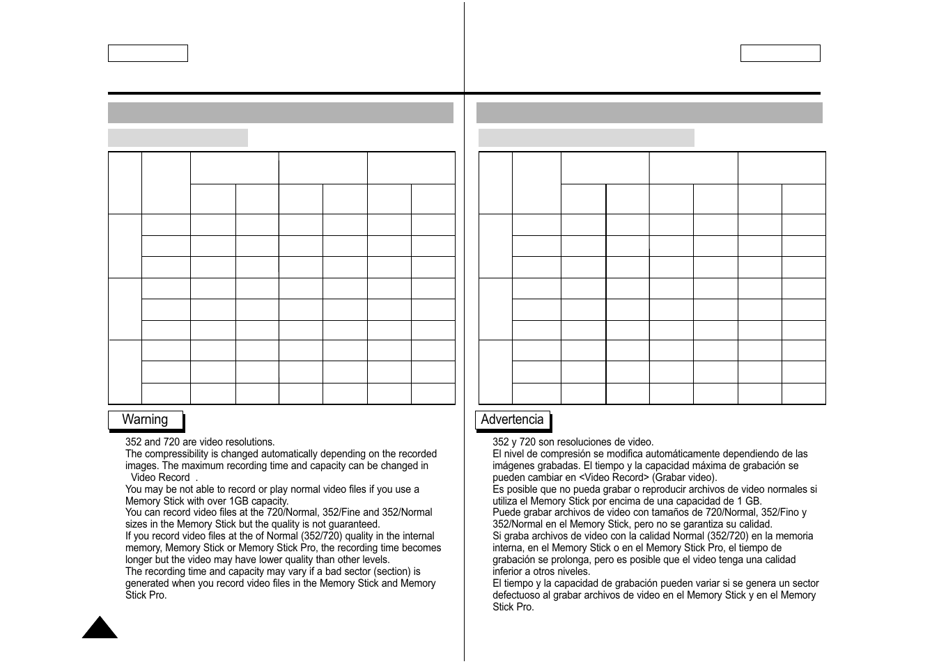 Getting started introducción, English español, Warning | Advertencia, Video record time, Tiempo de grabación de video | Samsung SC-M105S-XAA User Manual | Page 30 / 128