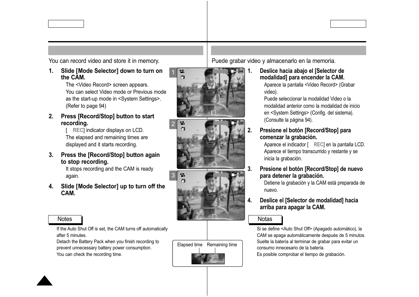 Recording, Grabación | Samsung SC-M105S-XAA User Manual | Page 36 / 128