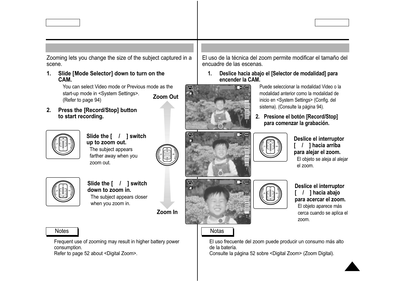 Zooming in and out, Acercamiento y alejamiento de las imágenes | Samsung SC-M105S-XAA User Manual | Page 37 / 128