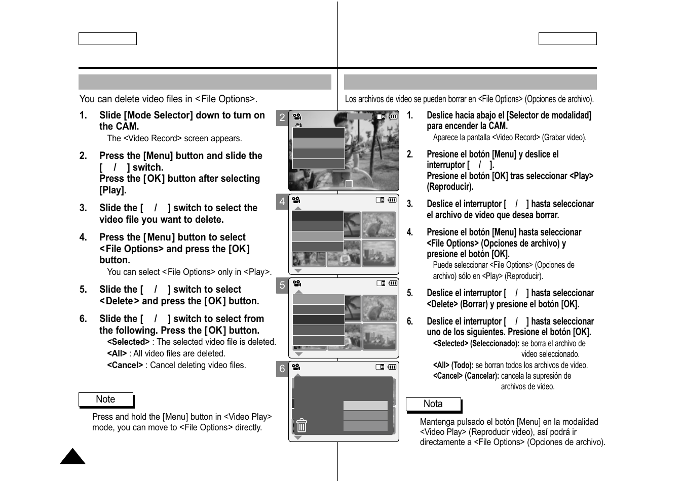 Deleting video files, Eliminación de archivos de video | Samsung SC-M105S-XAA User Manual | Page 40 / 128