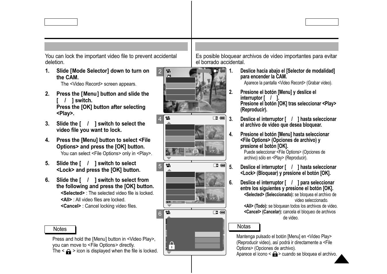 Locking video files, Bloqueo de archivos de video | Samsung SC-M105S-XAA User Manual | Page 41 / 128