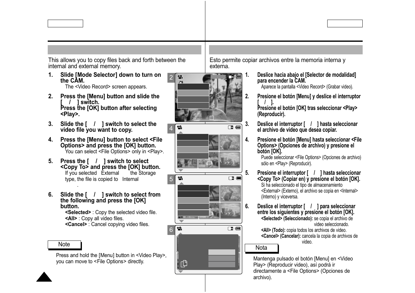 Copying video files, Copia de archivos de video | Samsung SC-M105S-XAA User Manual | Page 42 / 128