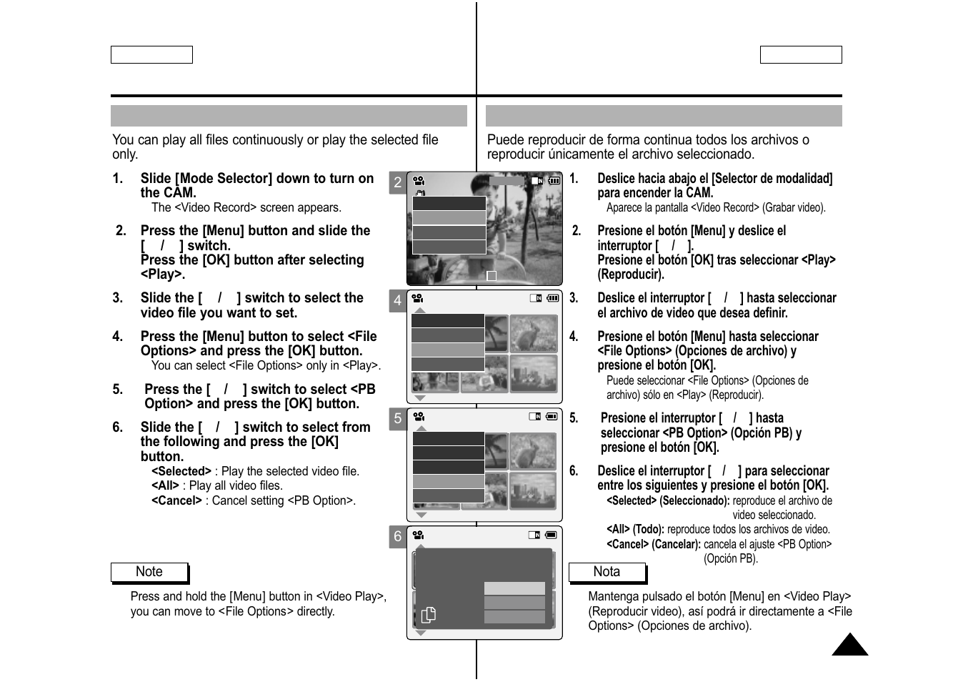 Setting the pb(play back) option, Ajuste de la opción pb (reproducción) | Samsung SC-M105S-XAA User Manual | Page 43 / 128