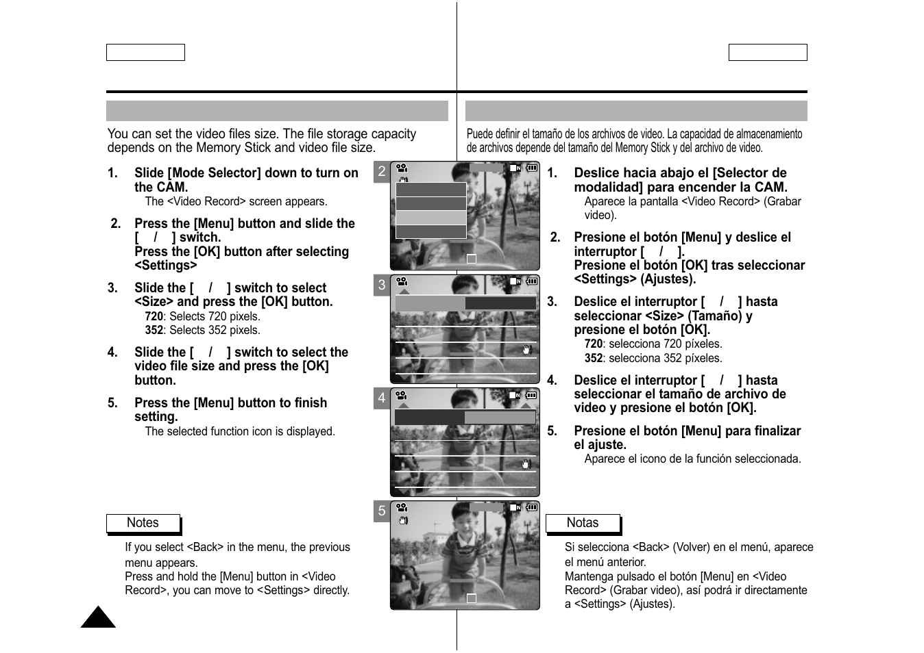 Setting the video file size, Ajuste del tamaño del archivo de video, English español | Samsung SC-M105S-XAA User Manual | Page 44 / 128