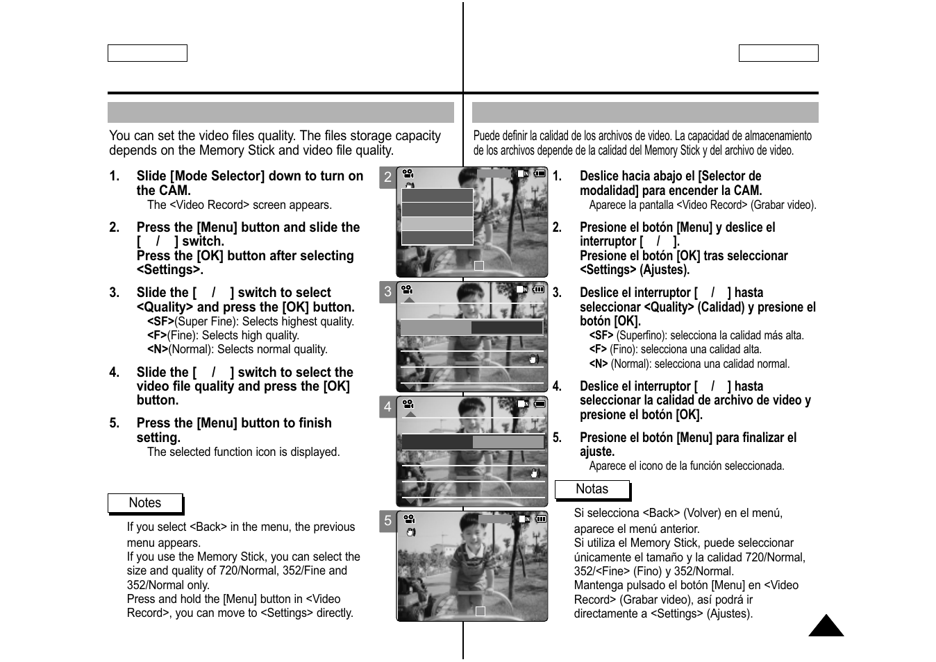 Setting the video file quality, Ajuste de la calidad del archivo de video, Español english | Samsung SC-M105S-XAA User Manual | Page 45 / 128