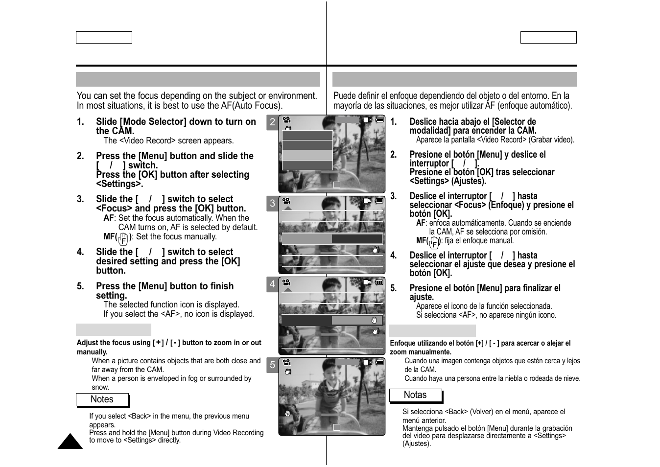 Setting the focus, Ajuste del enfoque, English español | Samsung SC-M105S-XAA User Manual | Page 46 / 128