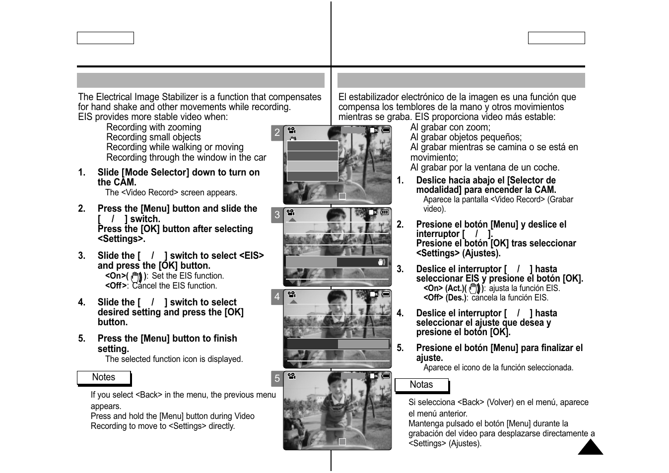 Setting the eis (electronic image stabilizer), Español english | Samsung SC-M105S-XAA User Manual | Page 47 / 128