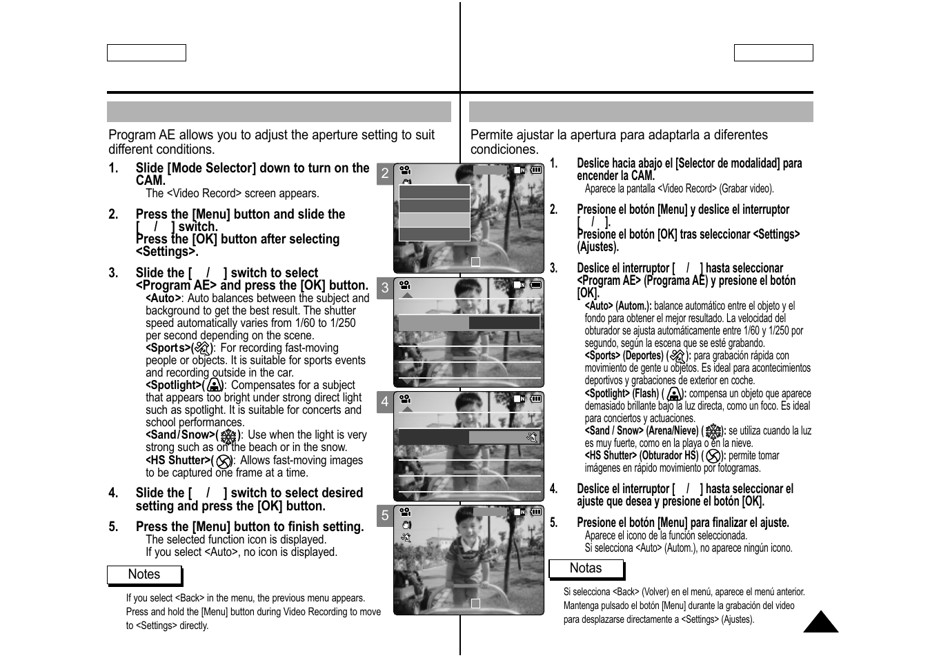 Setting the program ae (programmed auto exposure), Español english | Samsung SC-M105S-XAA User Manual | Page 49 / 128