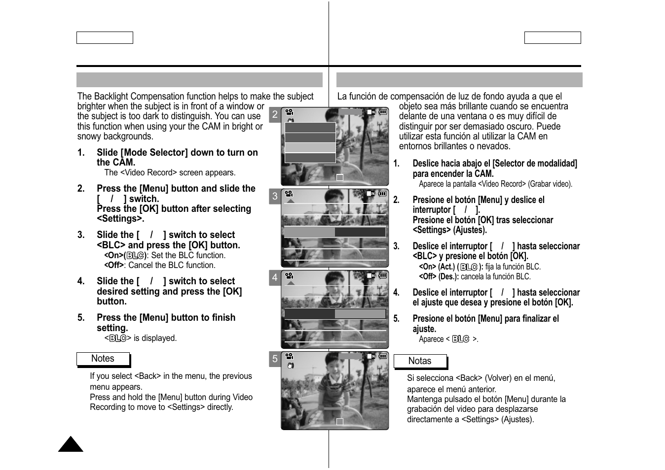 Setting the blc (backlight compensation), Ajuste de blc (compensación de luz de fondo), English español | Samsung SC-M105S-XAA User Manual | Page 50 / 128