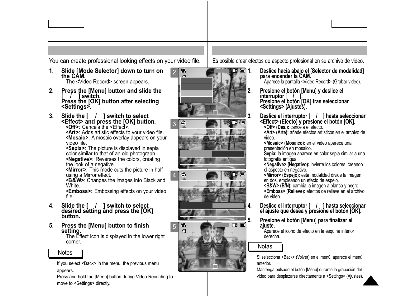 Setting the effect, Ajuste del efecto, Español english | Samsung SC-M105S-XAA User Manual | Page 51 / 128