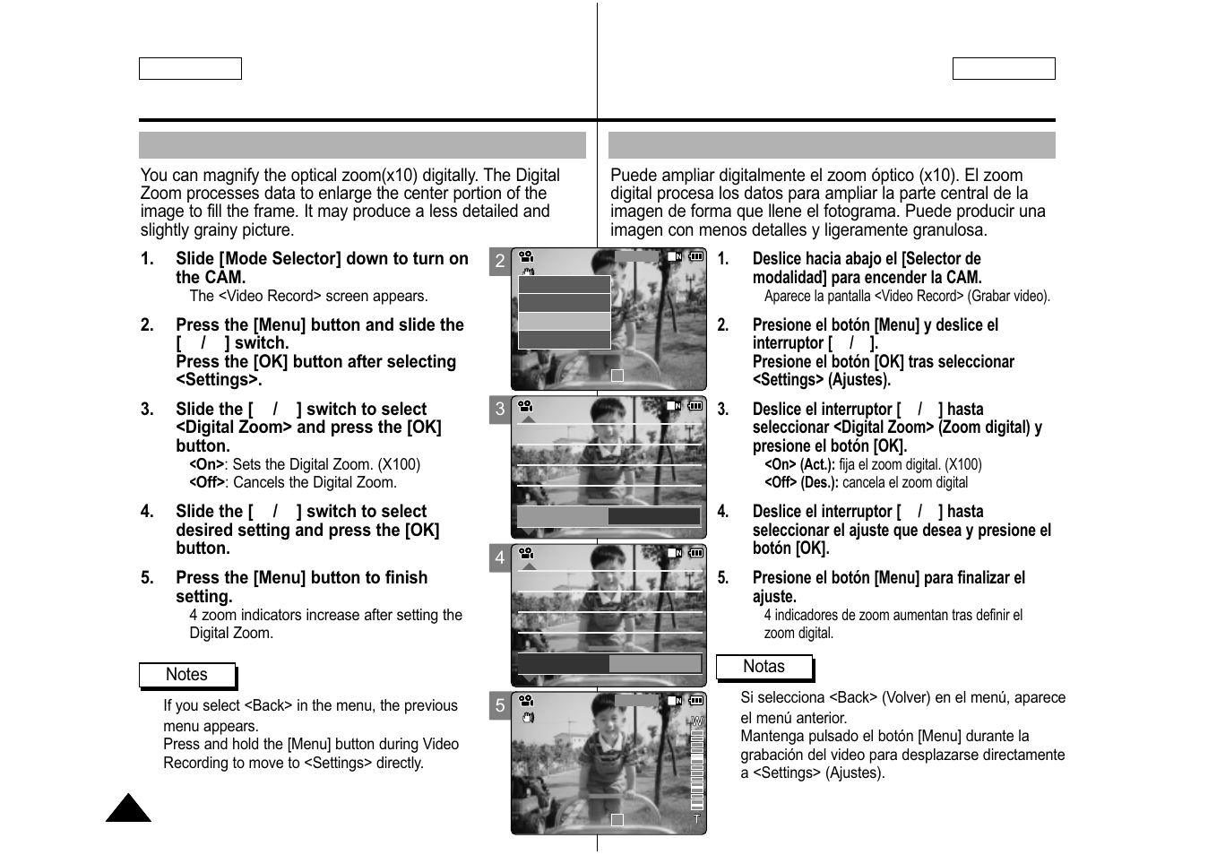 Setting the digital zoom, Ajuste del zoom digital, English español | Samsung SC-M105S-XAA User Manual | Page 52 / 128