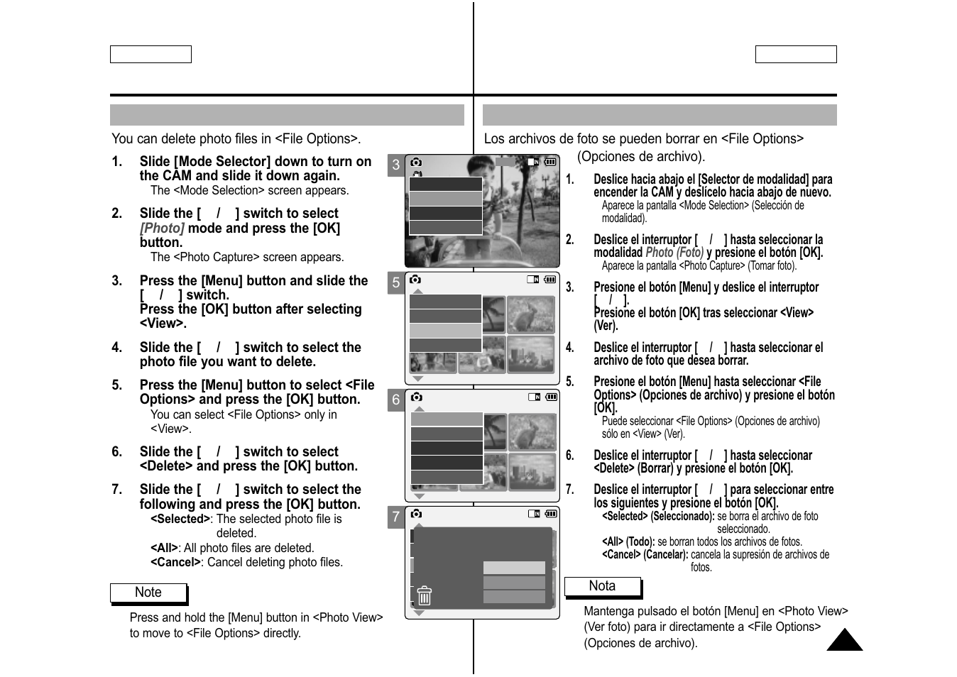 Deleting photo files, Eliminación de archivos de fotos | Samsung SC-M105S-XAA User Manual | Page 57 / 128