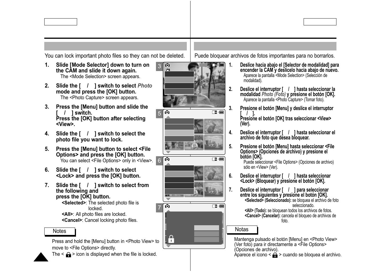 Locking photo files, Bloqueo de archivos de fotos | Samsung SC-M105S-XAA User Manual | Page 58 / 128