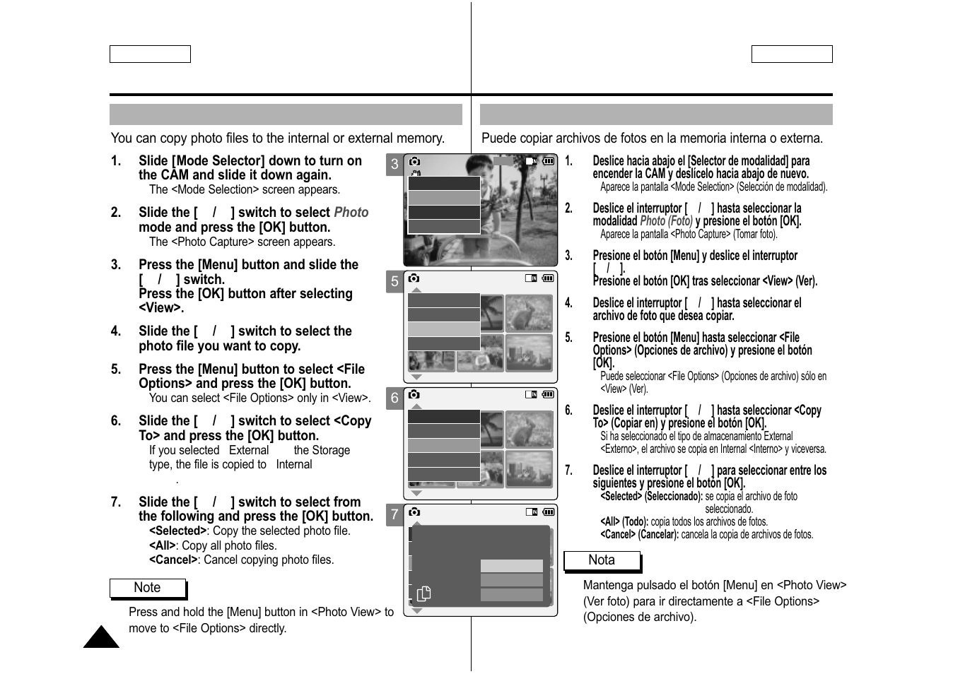 Copying photo files, Copia de archivos de fotos | Samsung SC-M105S-XAA User Manual | Page 60 / 128