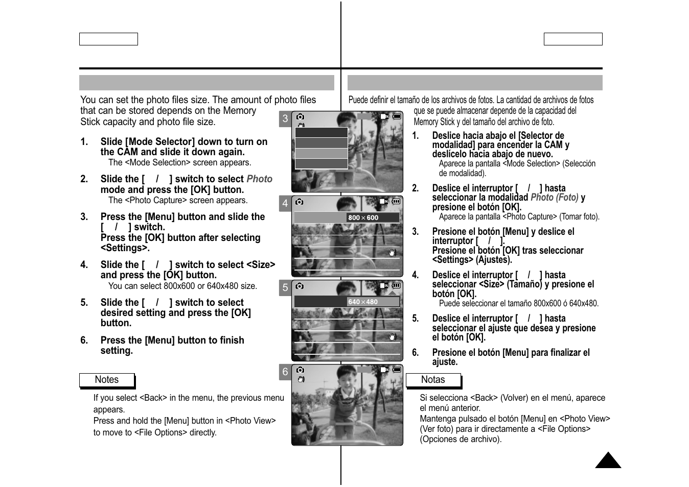 Setting the photo file size, Ajuste del tamaño del archivo de foto | Samsung SC-M105S-XAA User Manual | Page 61 / 128