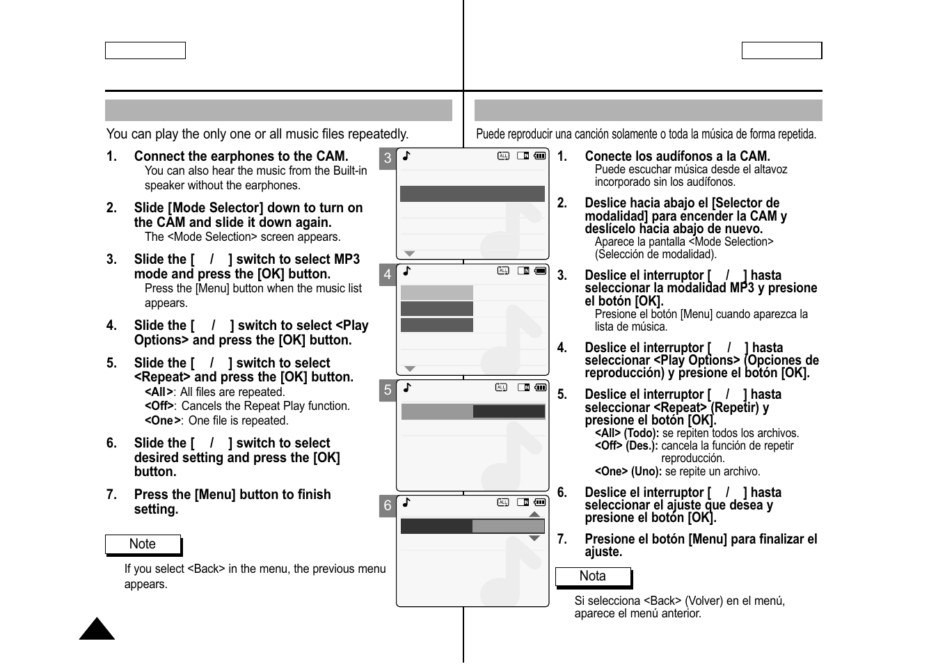 Setting repeat play, Ajuste de <repeat play> (repetir reproducción) | Samsung SC-M105S-XAA User Manual | Page 72 / 128