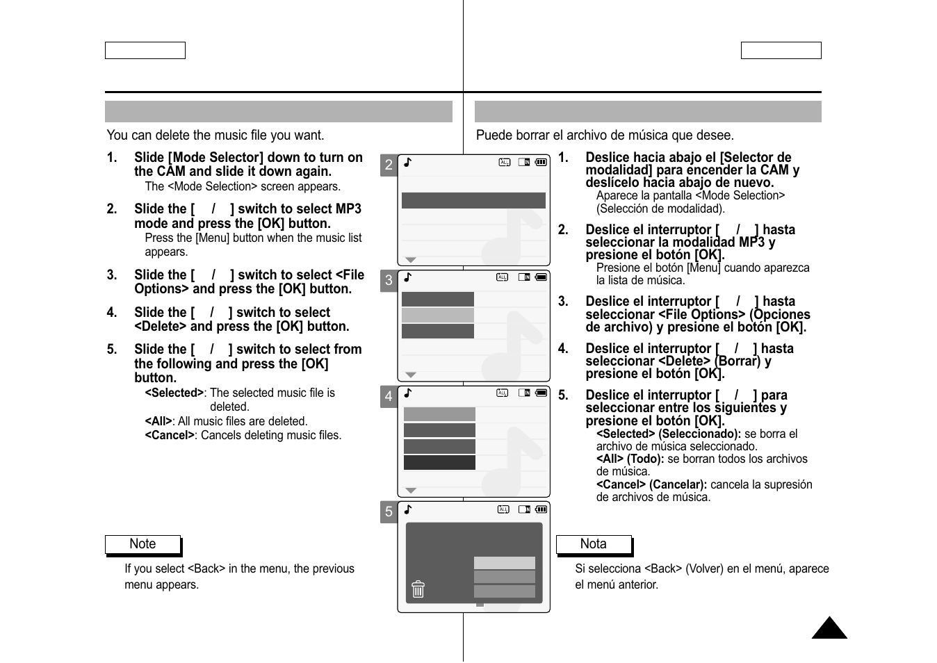 Deleting music files, Eliminación de archivos de música | Samsung SC-M105S-XAA User Manual | Page 73 / 128