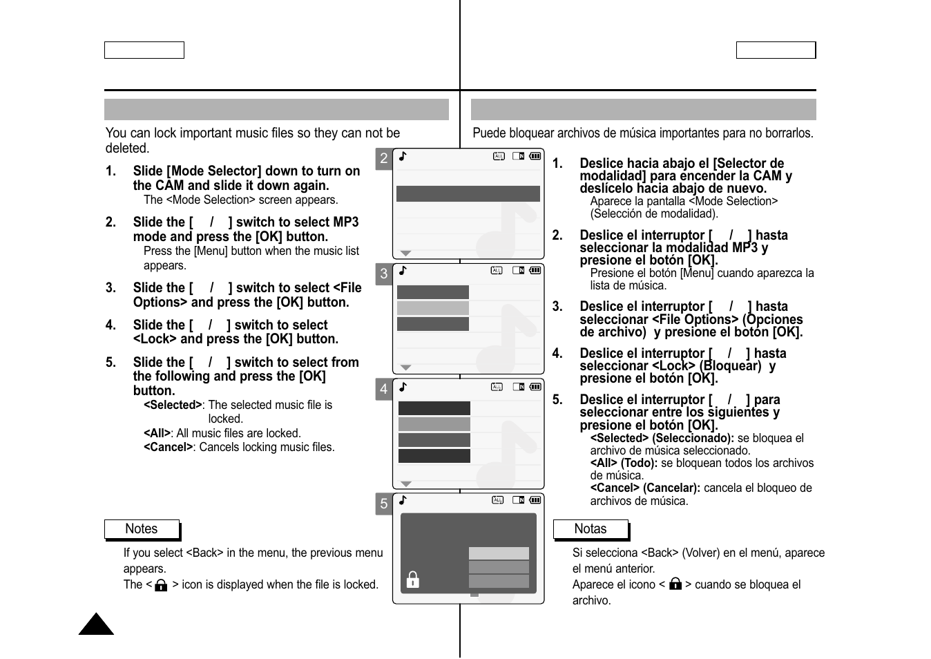 Locking music files, Bloqueo de archivos de música | Samsung SC-M105S-XAA User Manual | Page 74 / 128