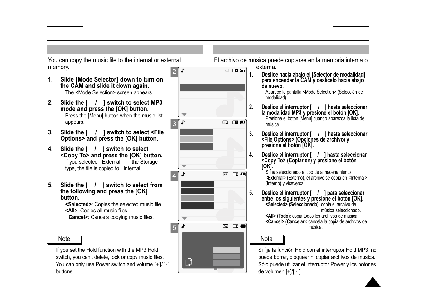 Copying music files, Copia de archivos de música | Samsung SC-M105S-XAA User Manual | Page 75 / 128