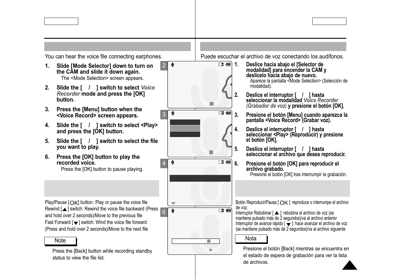 Playing voice files, Reproducción de archivos de voz | Samsung SC-M105S-XAA User Manual | Page 77 / 128