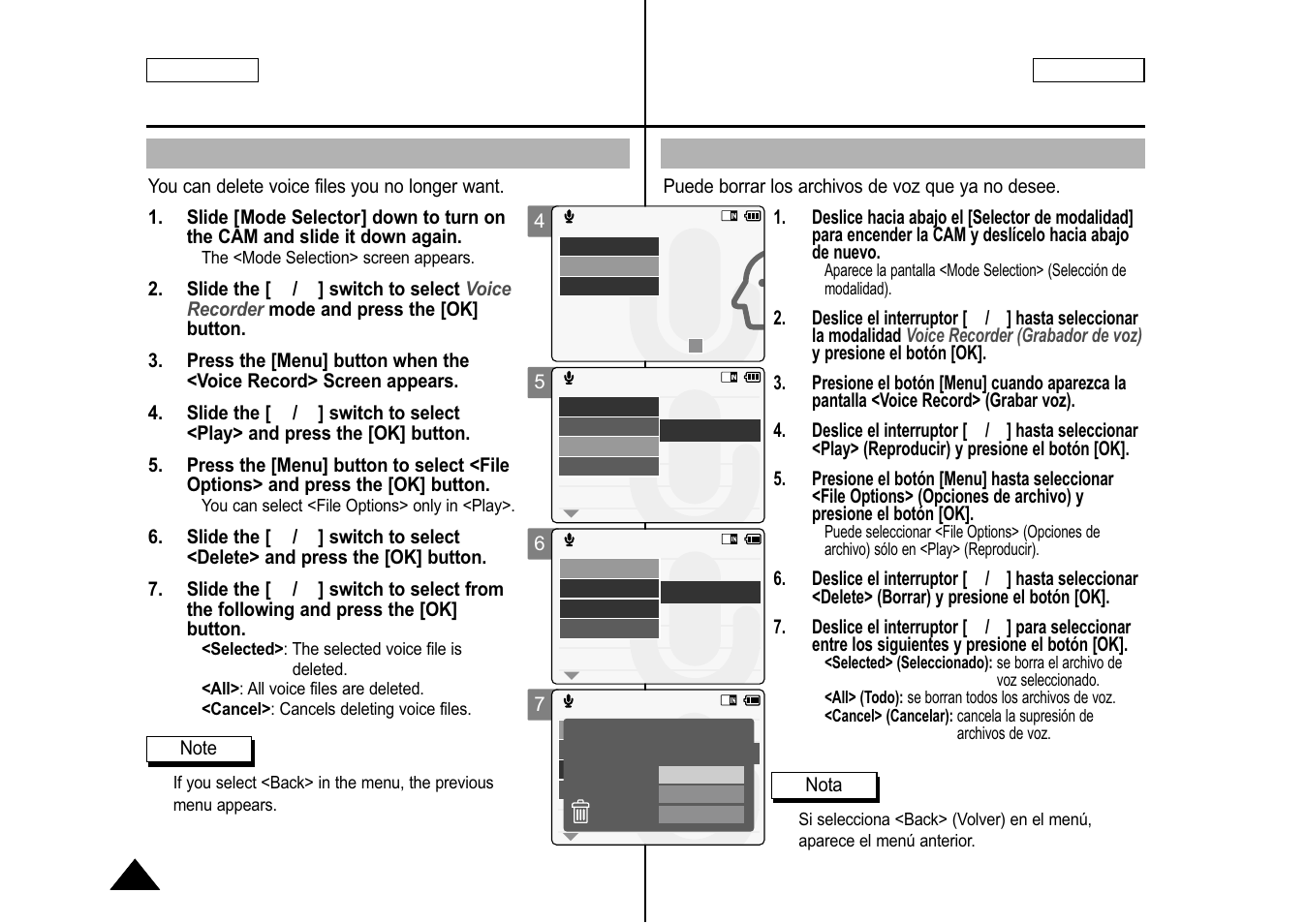 Deleting voice files, Eliminación de archivos de voz | Samsung SC-M105S-XAA User Manual | Page 78 / 128