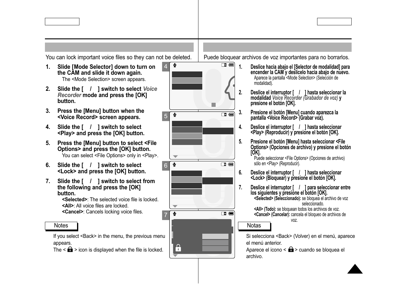 Locking voice files, Bloqueo de archivos de voz | Samsung SC-M105S-XAA User Manual | Page 79 / 128