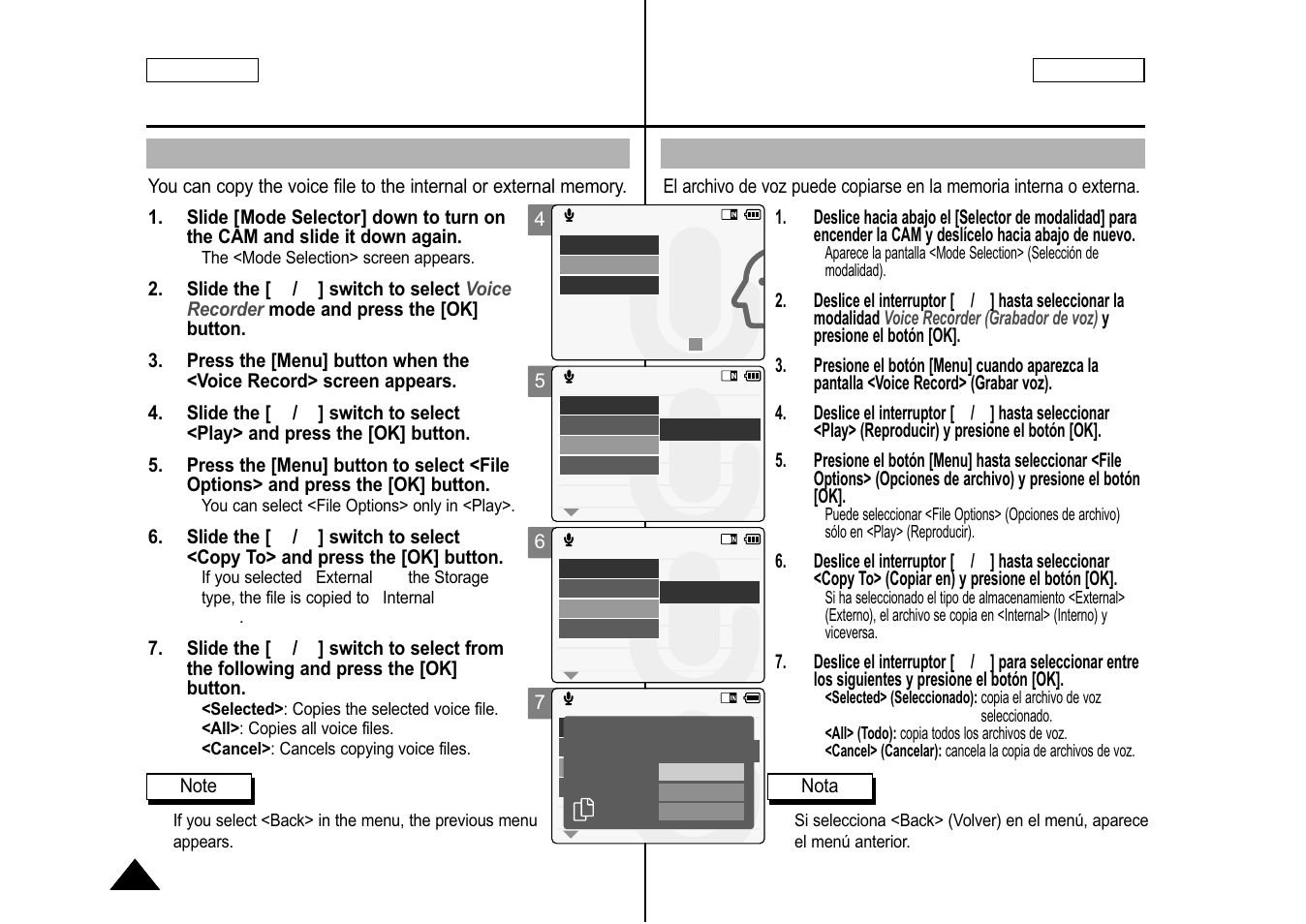 Copying voice files, Copia de archivos de voz | Samsung SC-M105S-XAA User Manual | Page 80 / 128