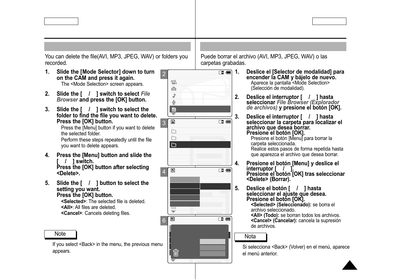 Deleting files or folders, Eliminación de archivos o carpetas | Samsung SC-M105S-XAA User Manual | Page 81 / 128