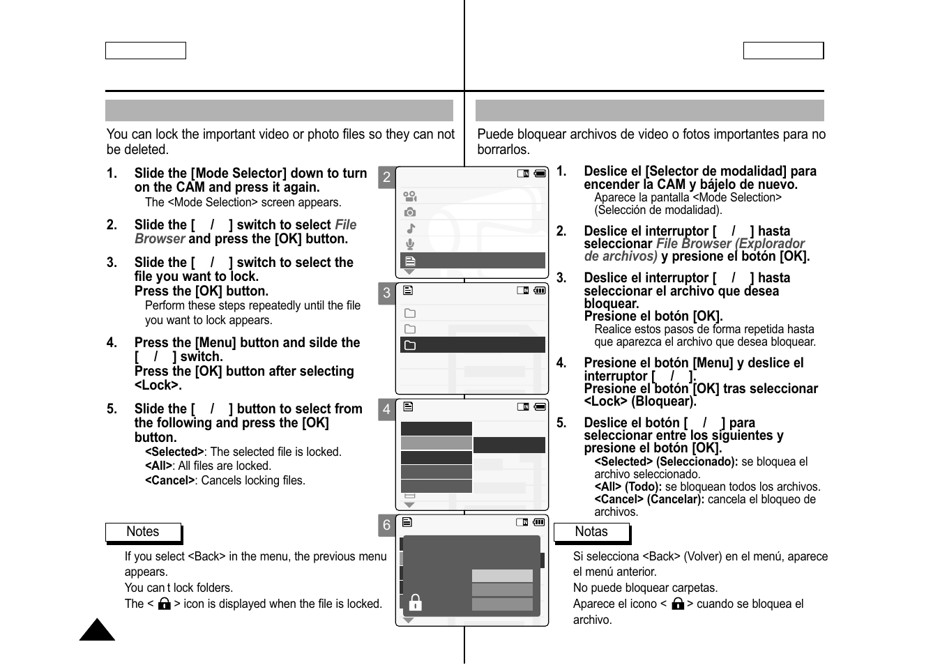 Locking files, Bloqueo de archivos | Samsung SC-M105S-XAA User Manual | Page 82 / 128