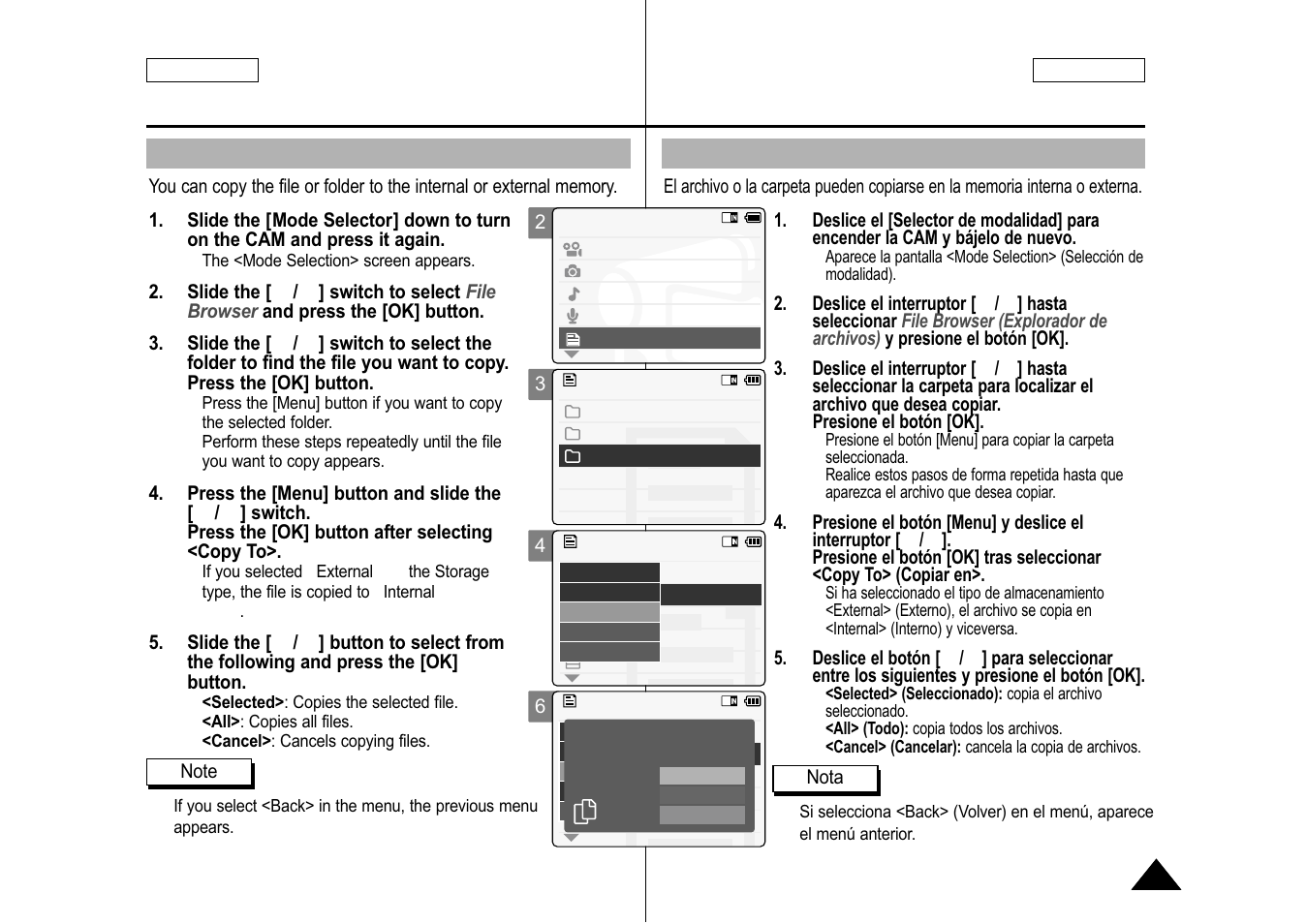 Copying files or folders, Copia de archivos o carpetas | Samsung SC-M105S-XAA User Manual | Page 83 / 128