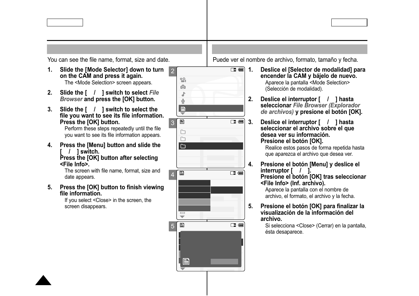 Viewing file information, Visualización de la información del archivo | Samsung SC-M105S-XAA User Manual | Page 84 / 128