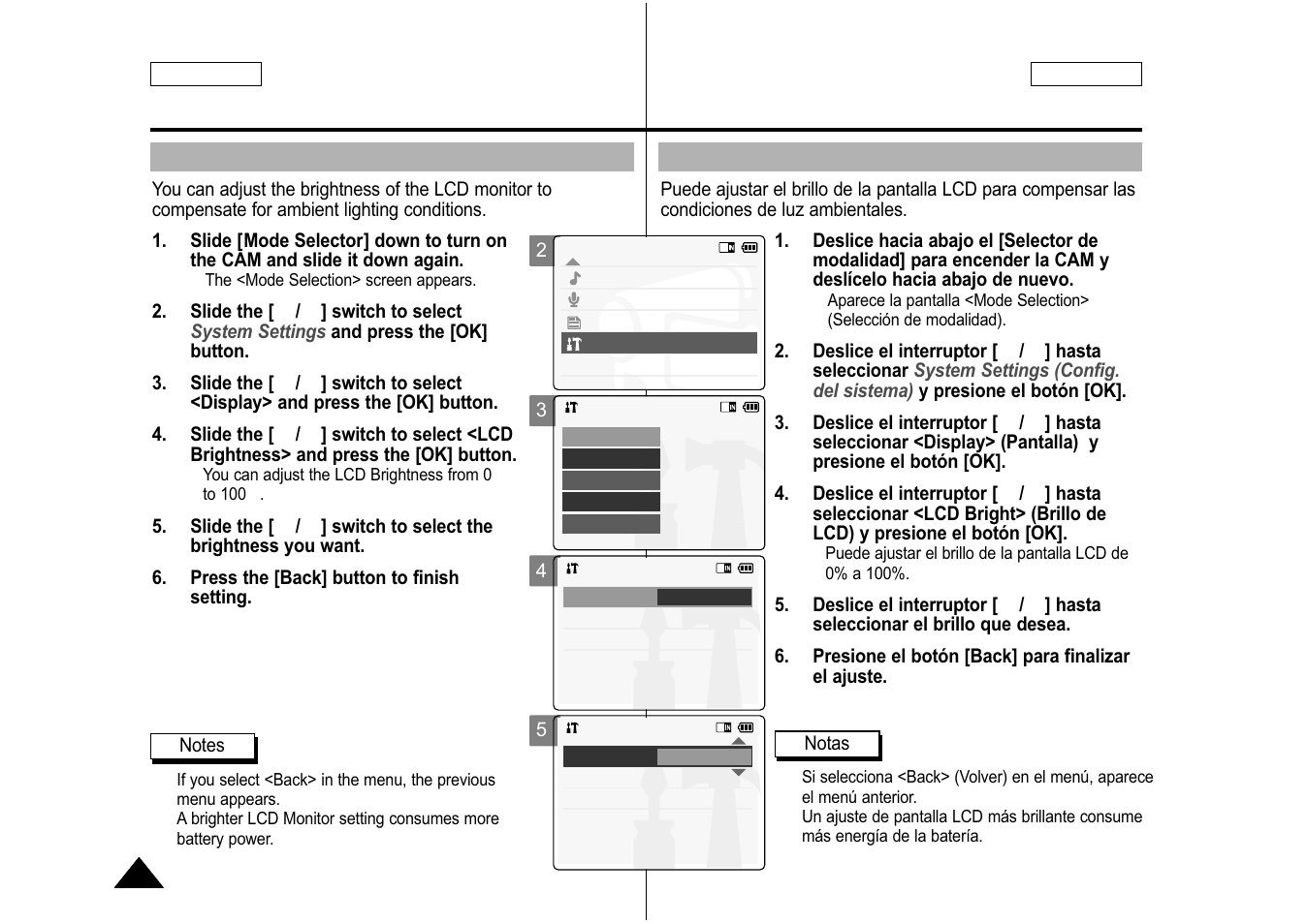 Adjusting the lcd brightness, Ajuste del brillo de la lcd | Samsung SC-M105S-XAA User Manual | Page 86 / 128