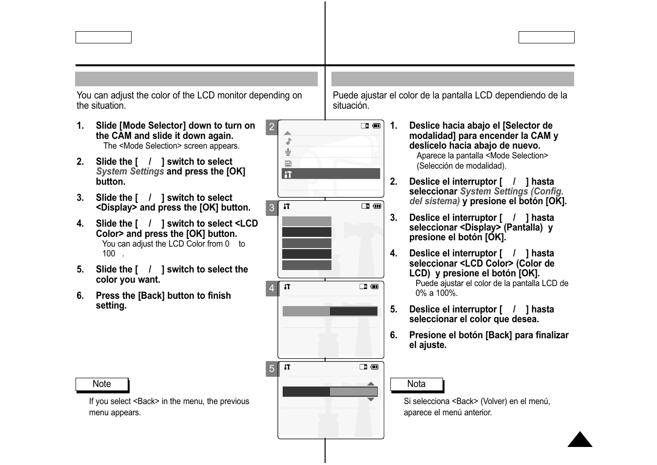 Adjusting the lcd color, Ajuste del color de la lcd | Samsung SC-M105S-XAA User Manual | Page 87 / 128