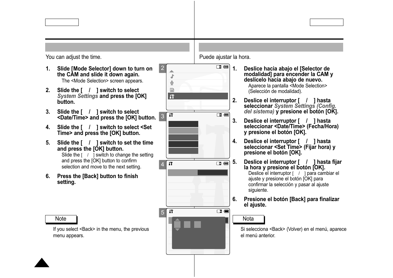 Setting time, Ajuste de la hora | Samsung SC-M105S-XAA User Manual | Page 88 / 128