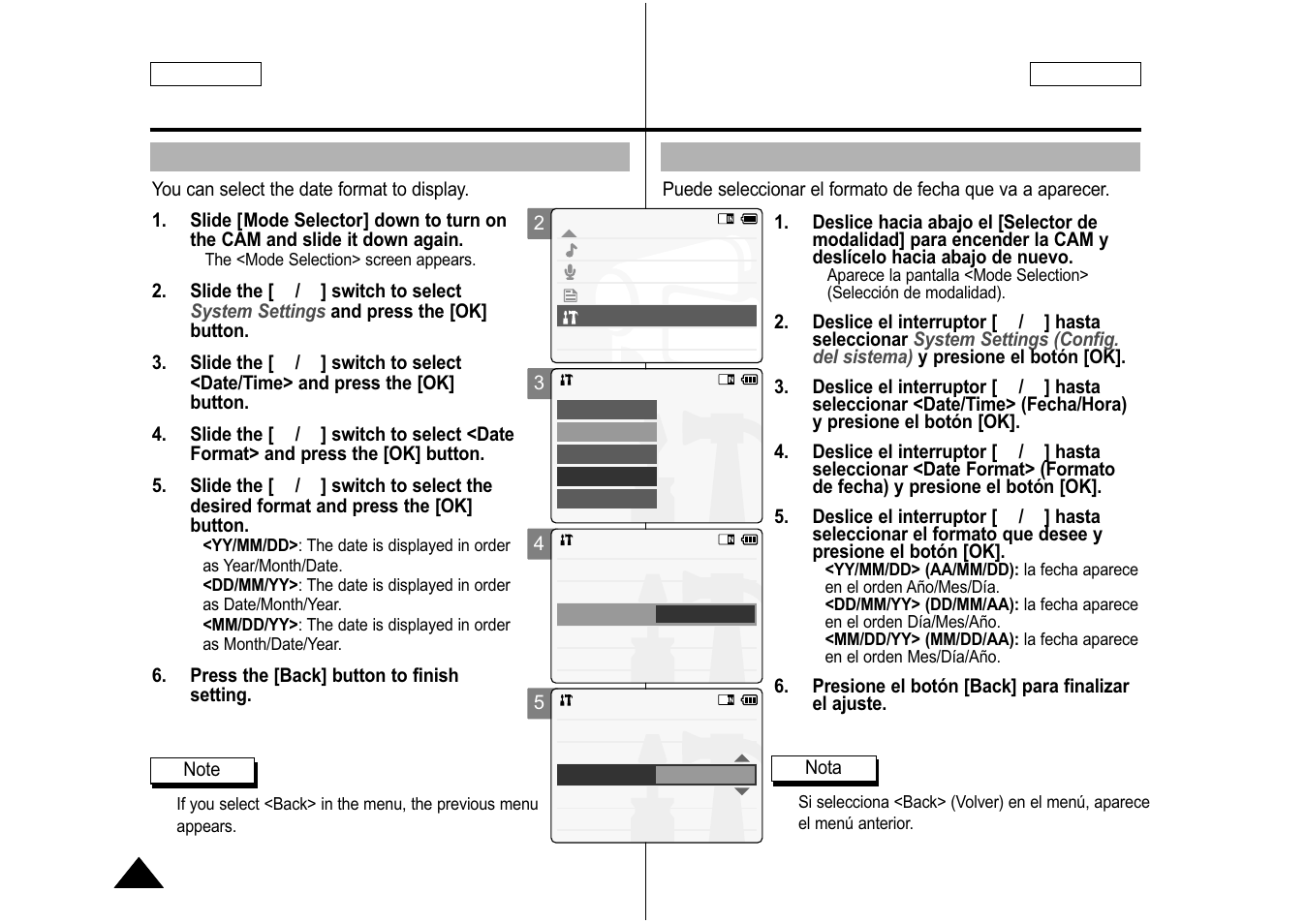 Setting date format, Ajuste del formato de fecha | Samsung SC-M105S-XAA User Manual | Page 90 / 128