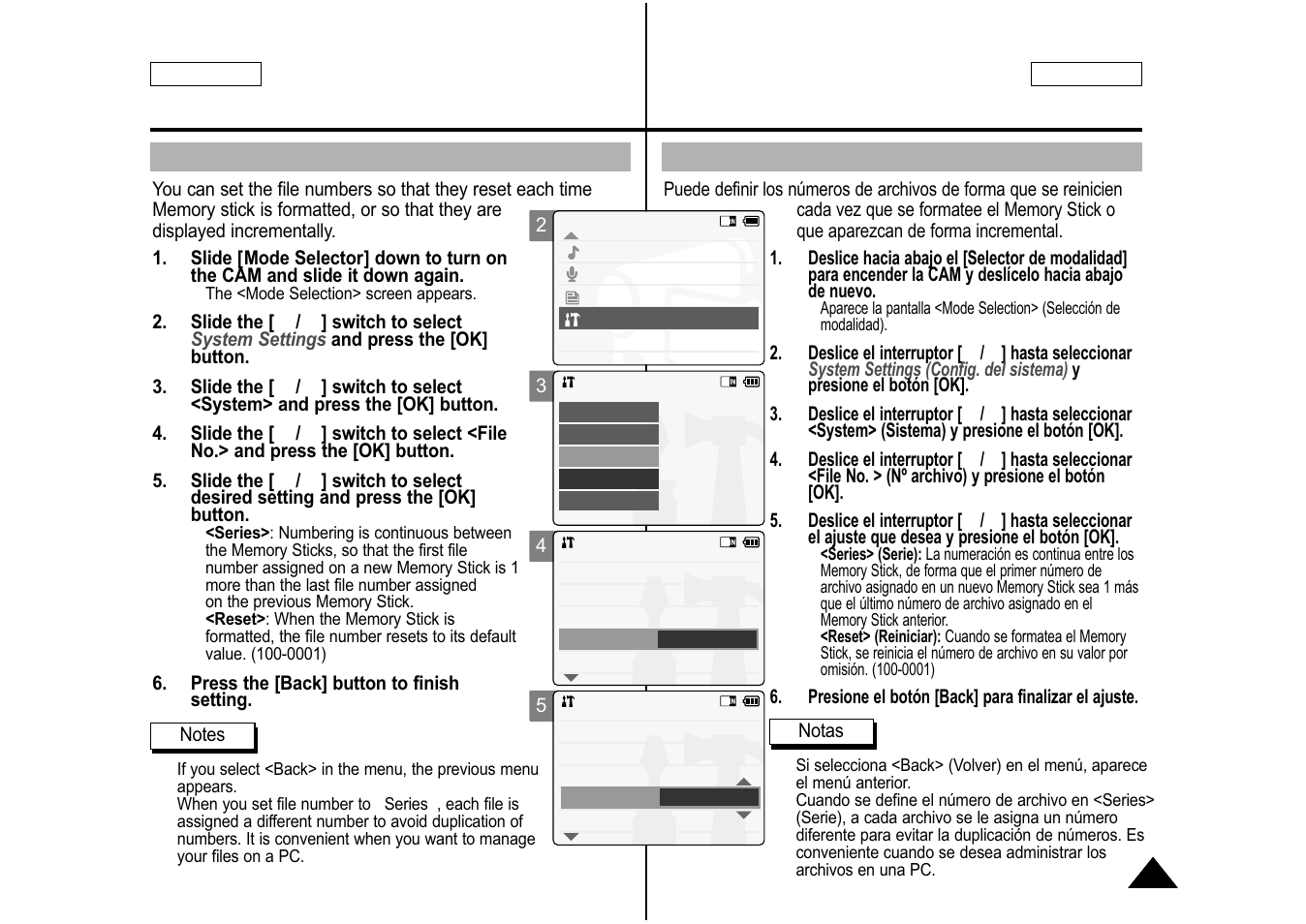 Setting the file no. function, Ajuste de la función nº archivo | Samsung SC-M105S-XAA User Manual | Page 95 / 128