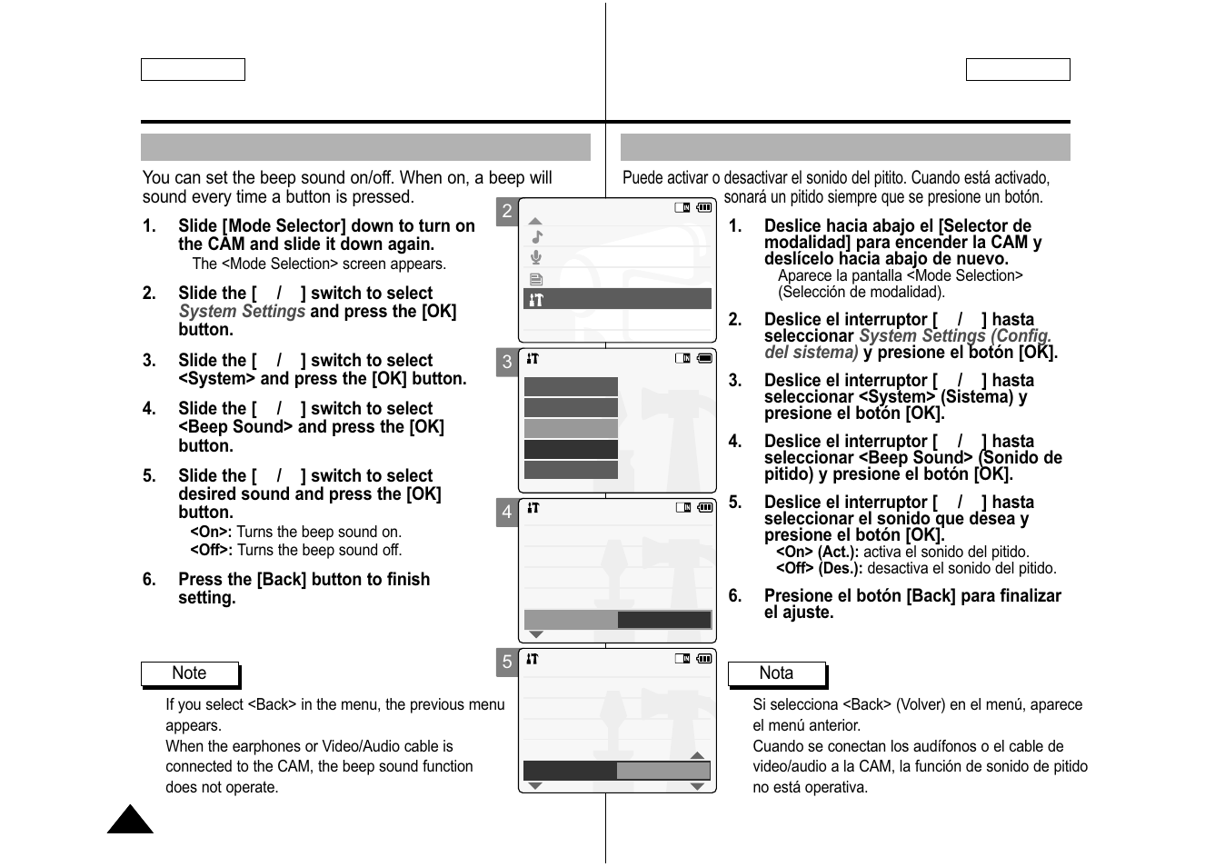 Setting the beep sound, Ajuste del sonido del pitido | Samsung SC-M105S-XAA User Manual | Page 96 / 128