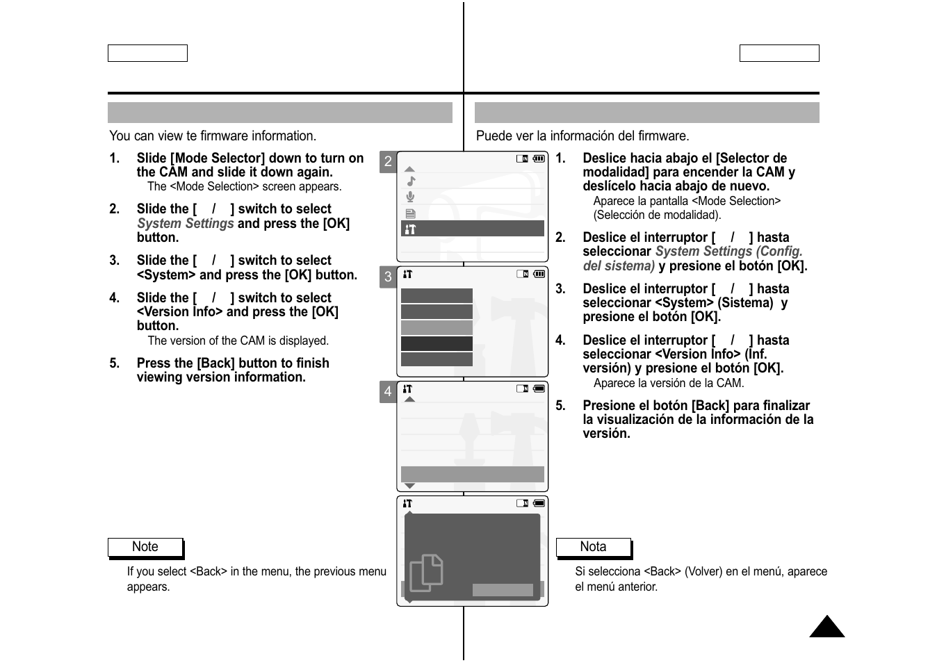 Viewing version information, Visualización de la información de versión | Samsung SC-M105S-XAA User Manual | Page 97 / 128