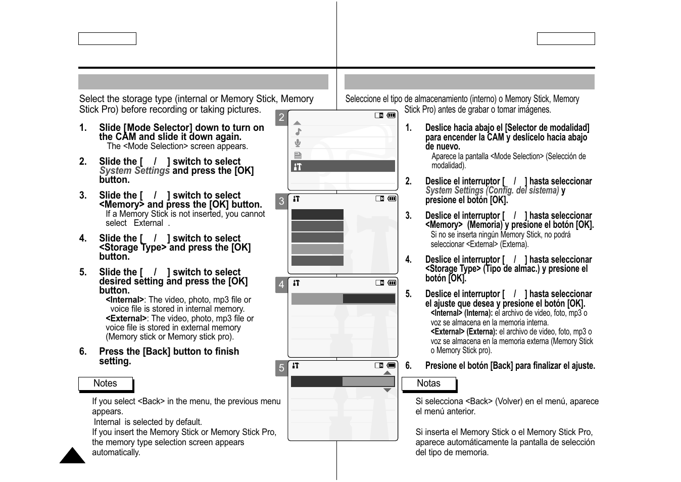 Selecting the storage type, Selección del tipo de almacenamiento | Samsung SC-M105S-XAA User Manual | Page 98 / 128