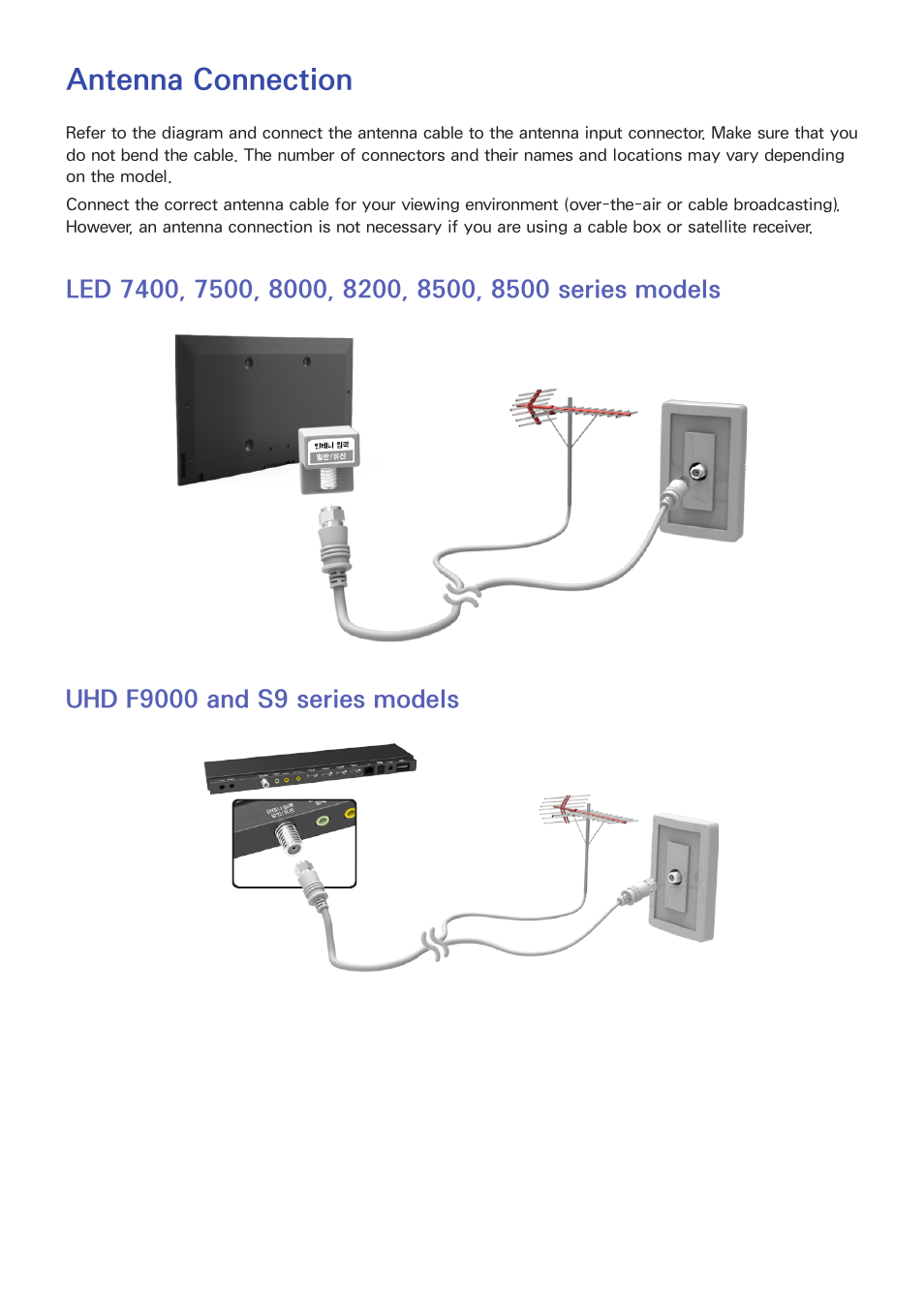 Getting started, Antenna connection, Uhd f9000 and s9 series models | Samsung UN55F8000AFXZA User Manual | Page 10 / 179