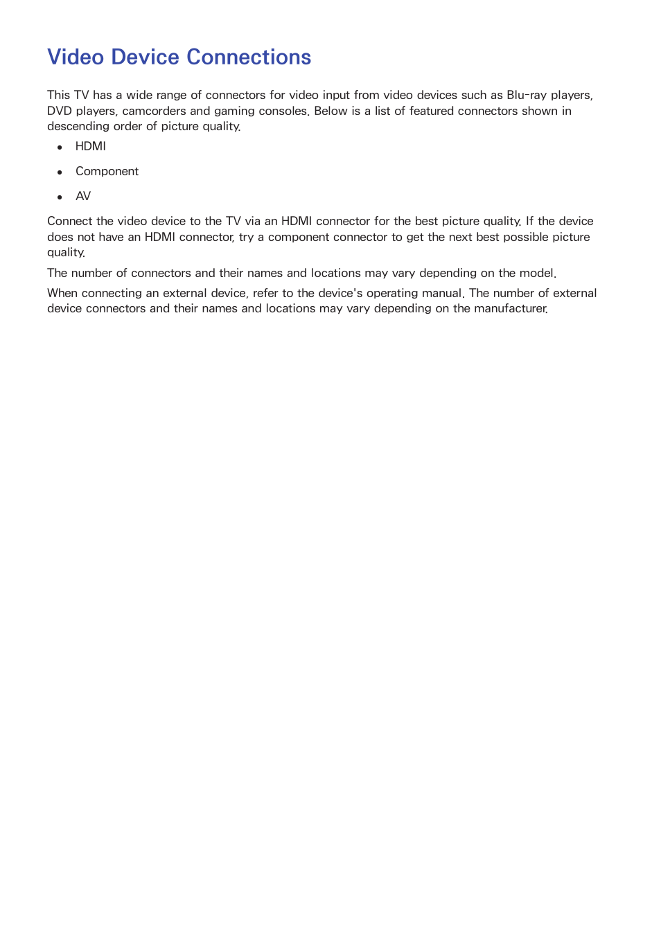 Video device connections | Samsung UN55F8000AFXZA User Manual | Page 11 / 179