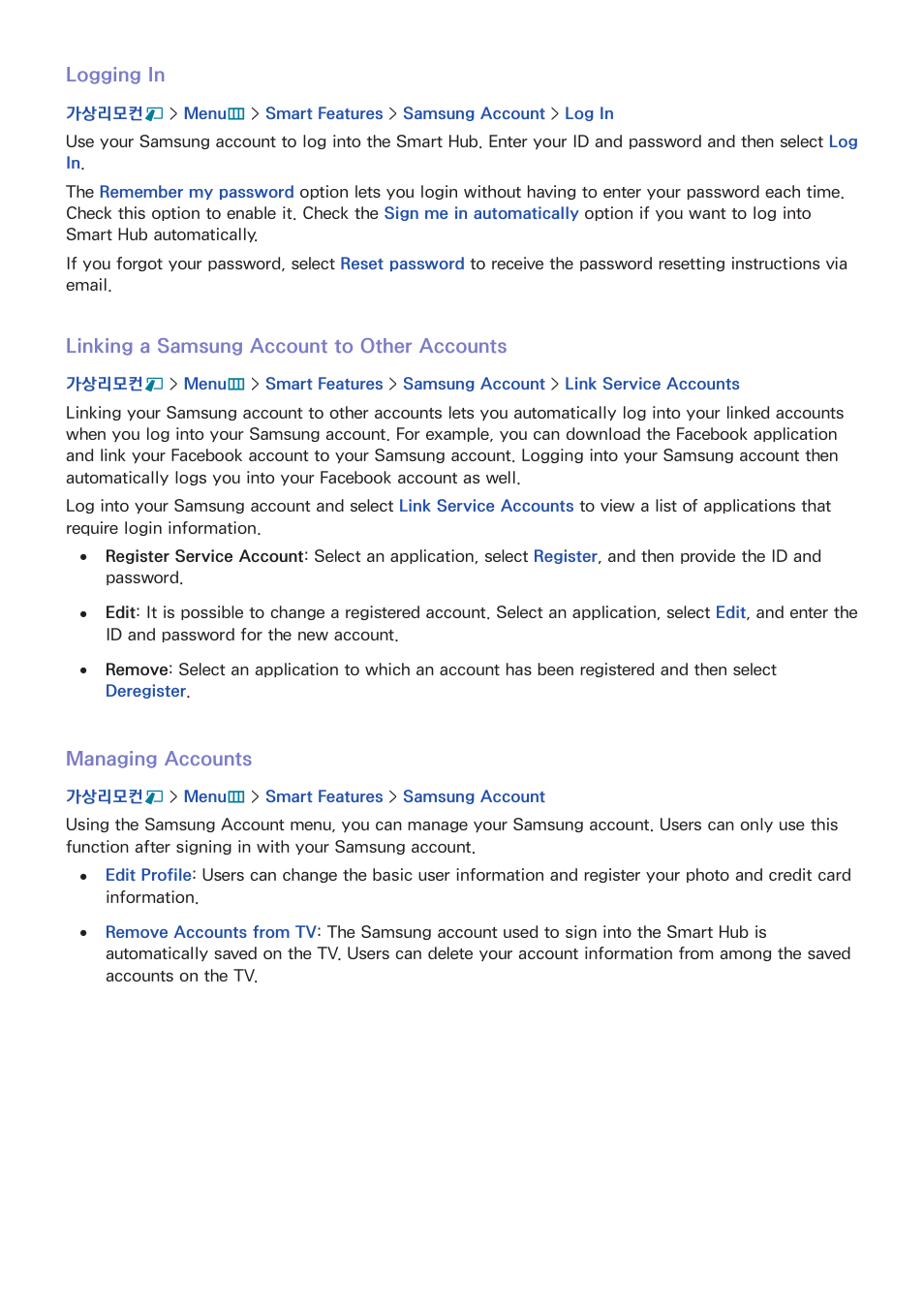 116 logging in, 116 linking a samsung account to other accounts, 116 managing accounts | Samsung UN55F8000AFXZA User Manual | Page 123 / 179