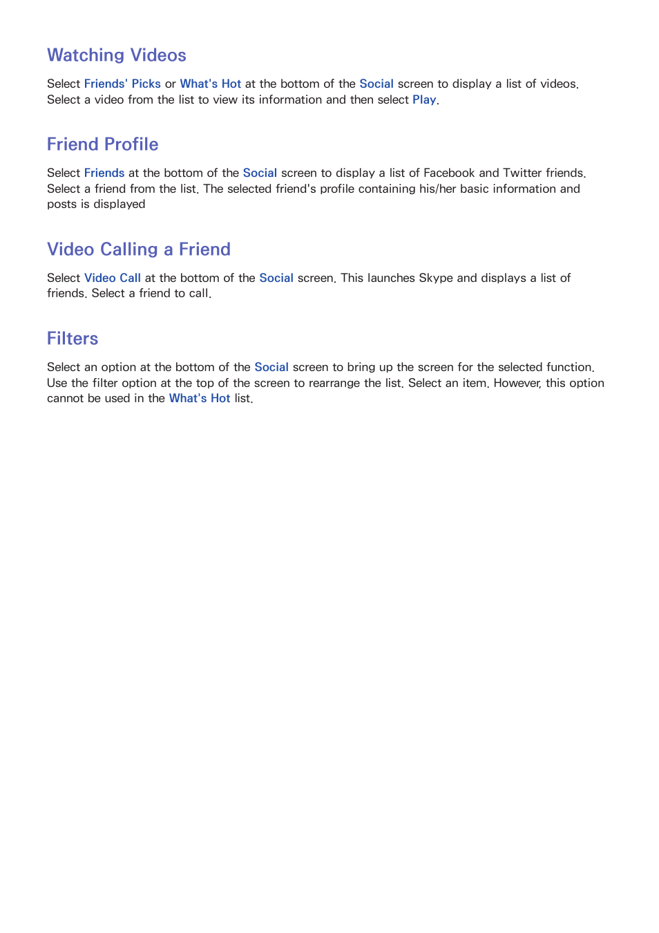 120 watching videos, 120 friend profile, 120 video calling a friend | 120 filters, Watching videos, Friend profile, Video calling a friend, Filters | Samsung UN55F8000AFXZA User Manual | Page 127 / 179