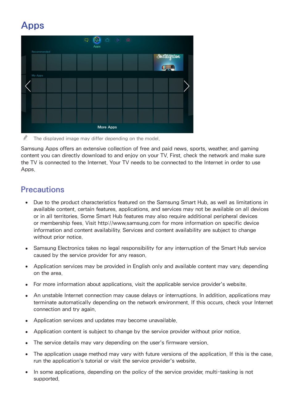 Apps, 121 precautions, Precautions | Samsung UN55F8000AFXZA User Manual | Page 128 / 179