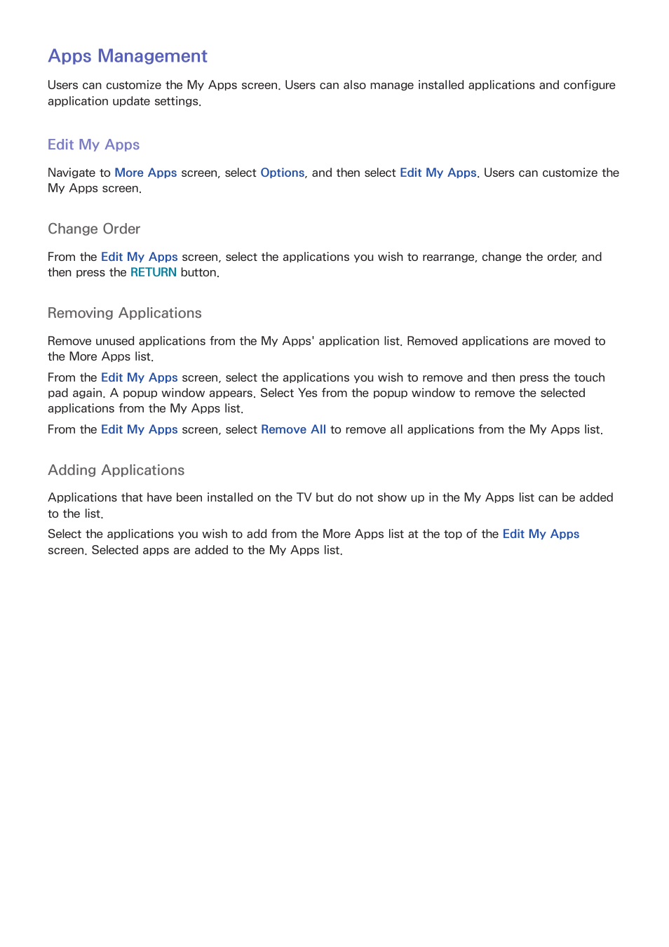 123 apps management, 123 edit my apps, Apps management | Samsung UN55F8000AFXZA User Manual | Page 130 / 179