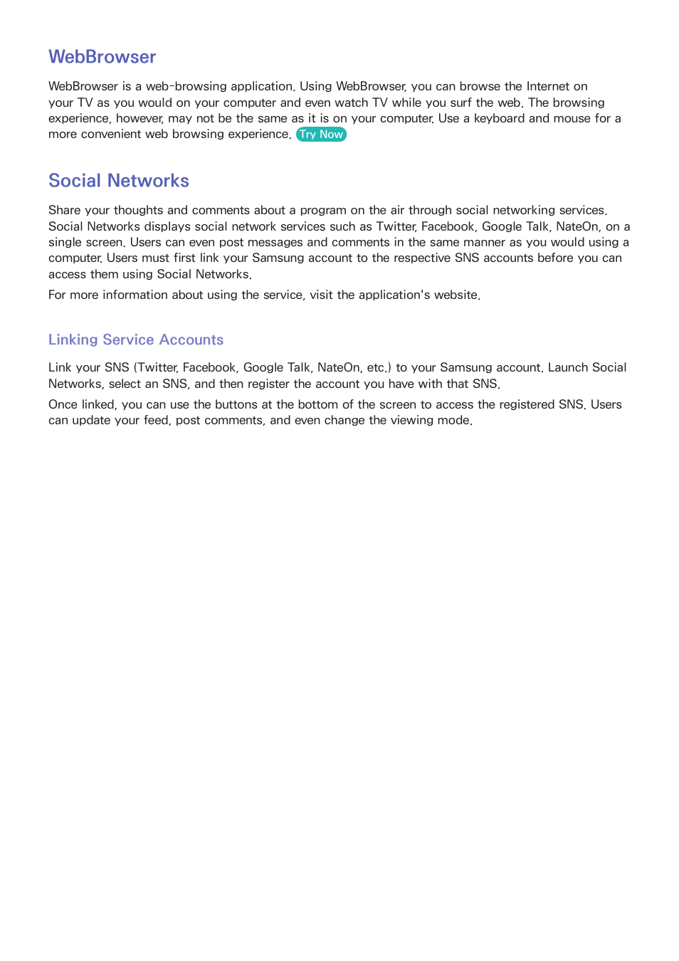 126 webbrowser, 126 social networks, 126 linking service accounts | Webbrowser, Social networks | Samsung UN55F8000AFXZA User Manual | Page 133 / 179
