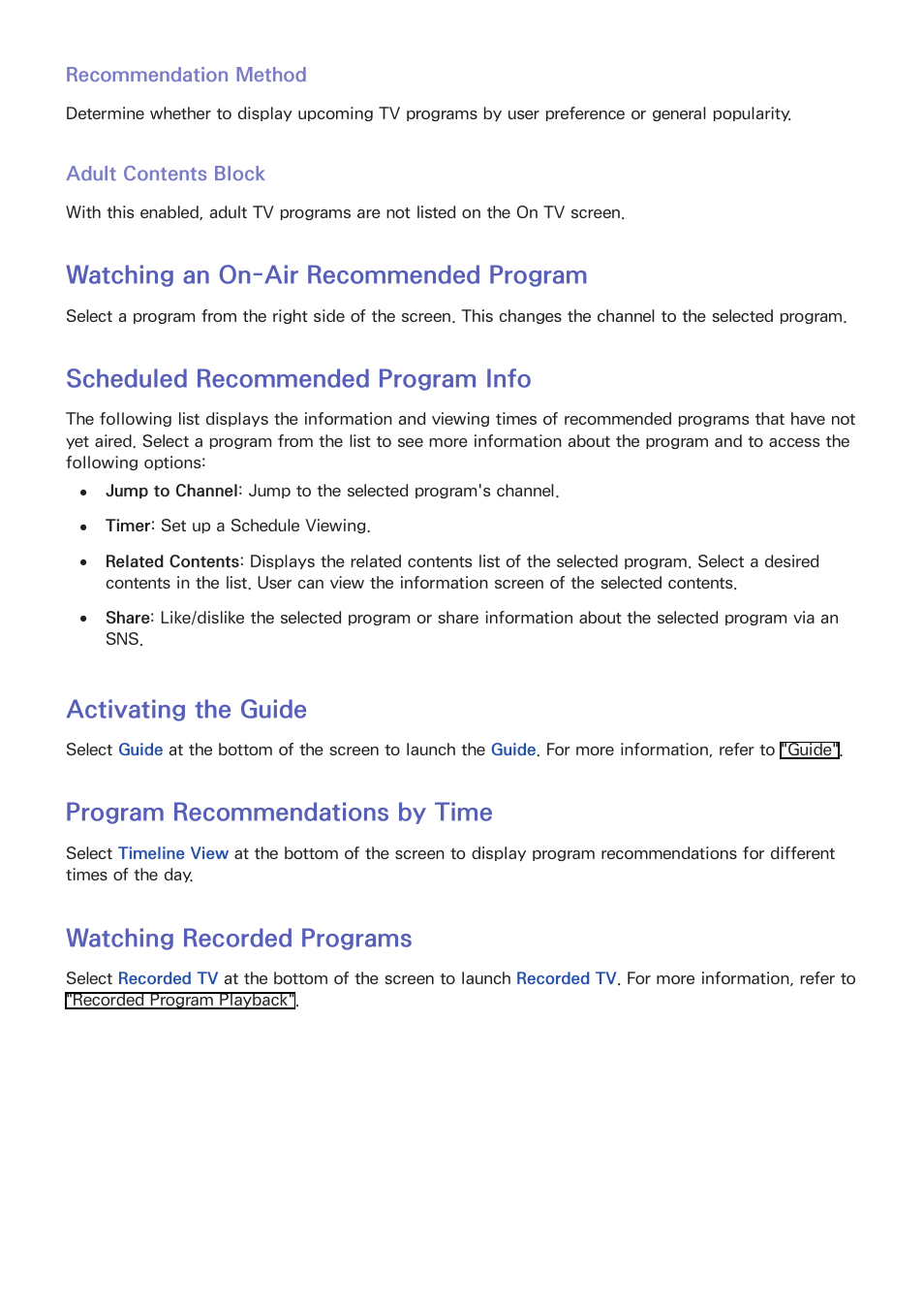 130 recommendation method, 130 adult contents block, 130 watching an on-air recommended program | 130 scheduled recommended program info, 130 activating the guide, 130 program recommendations by time, 130 watching recorded programs, E "scheduled recommended program info" fo, Watching an on-air recommended program, Scheduled recommended program info | Samsung UN55F8000AFXZA User Manual | Page 137 / 179